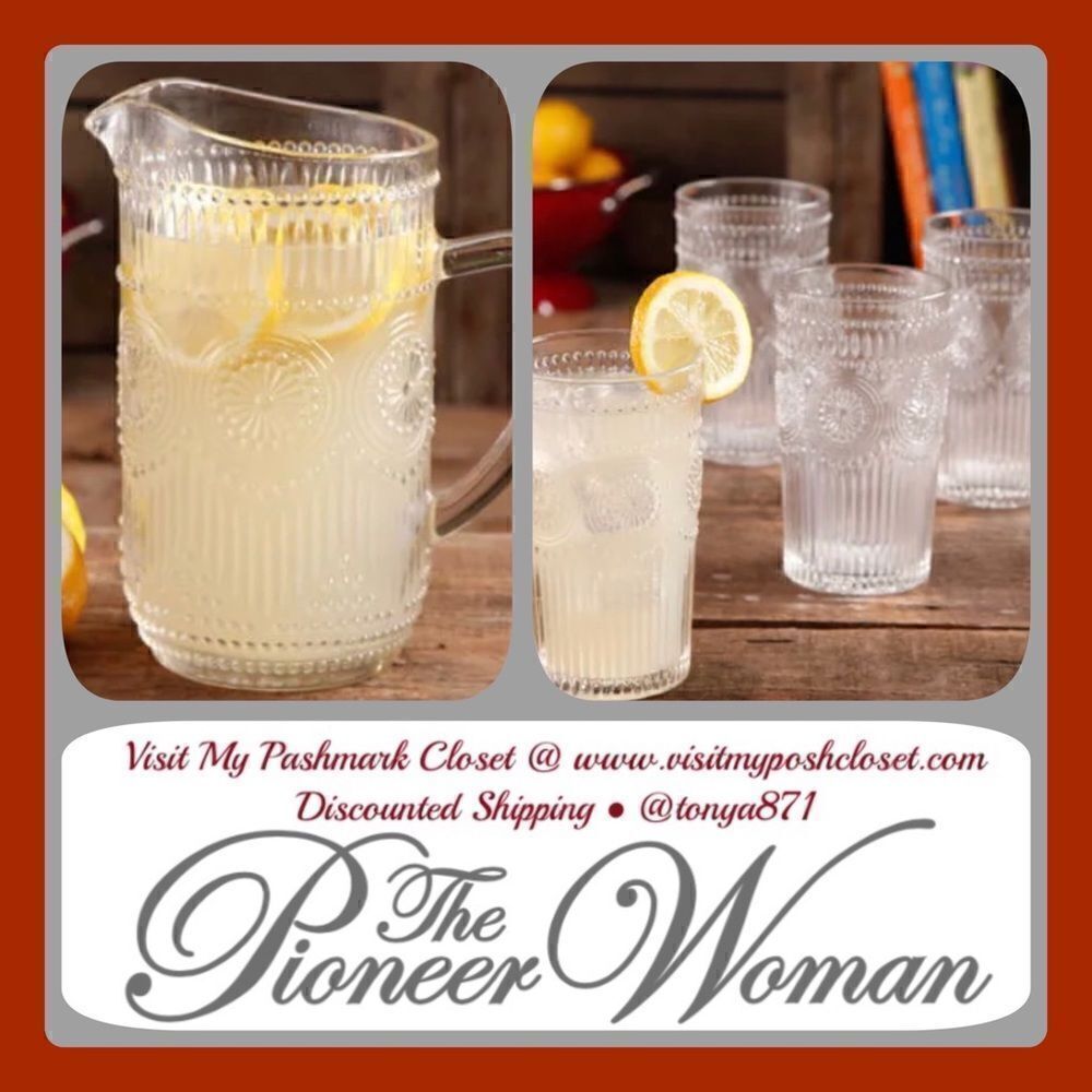 🦋 New Pioneer Woman Clear Adeline Pitcher & 4 Glass Tumblers Gift Set